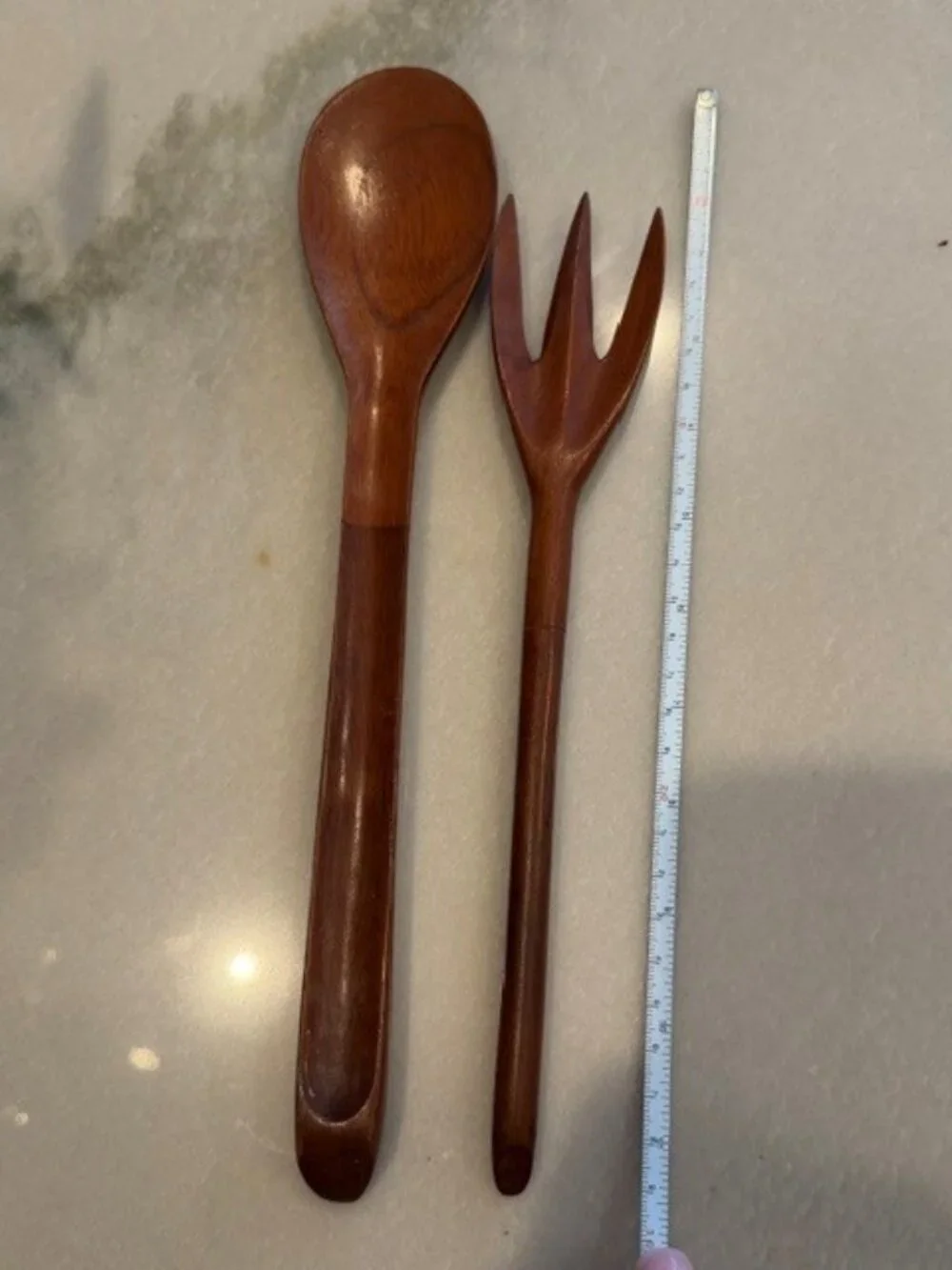 Vintage Wooden Salad Servers Set Spoon and Fork Carved Handles Brown Wood
